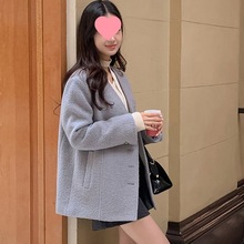 QIANCHEN 韩系气质优雅小香风简约百搭V领单排扣毛昵外套淘宝热销