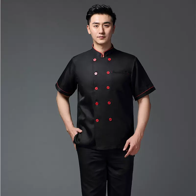 新款中国风夏季厨师工作服男短袖餐饮火锅酒店大厨工服套装黑