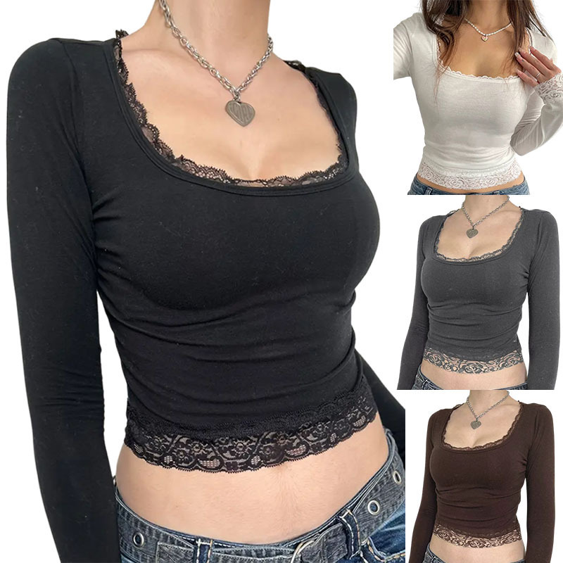 2025 Cross-Border Women's Clothing Amazon Pure Cotton Long-Sleeved T-Shirt Lace Splicing Short Square Neck T-Shirt Women's Knitwear Wholesale