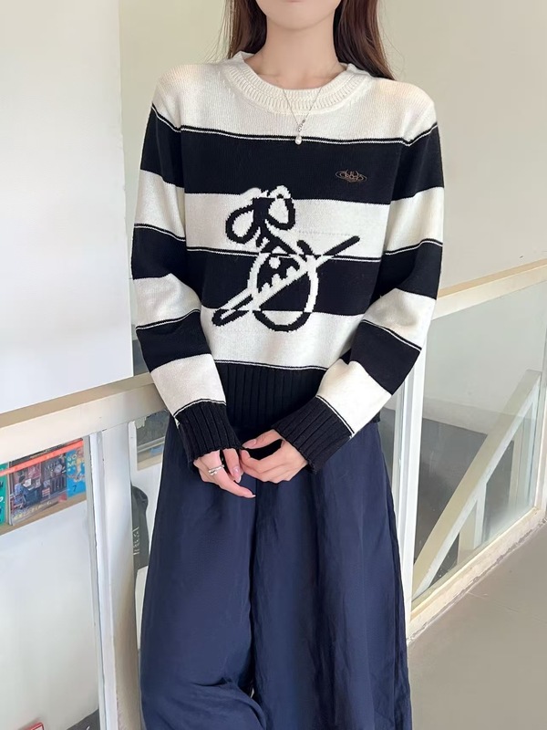 高定土星慵懒风撞色条纹针织衫女25秋新款设计感宽松显瘦套头毛衣|undefined
