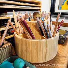 竹制旋转笔筒收纳盒马克笔多格办公桌储物盒学生文具盒