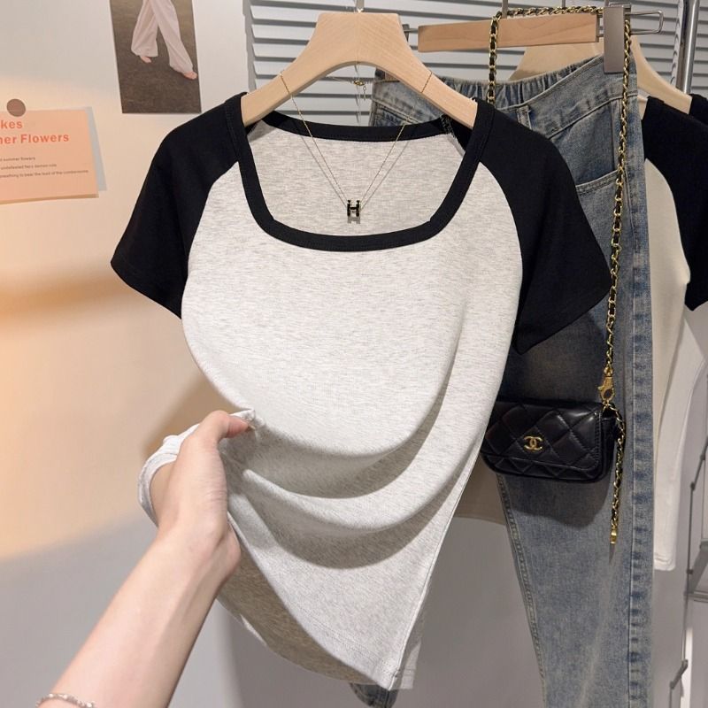 플로럴 그레이 스퀘어 칼라 반소매 크로스 숄더 소매 대비 색상