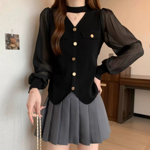 Autumn/Winter Design Sensory V-Neck Knit Top with Mesh Splicing, Long Sleeve, Slimming, and Chanel Style