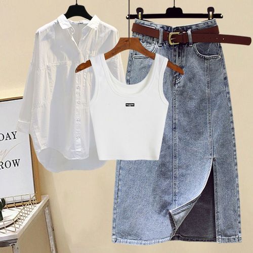 Summer Set Women's 2025 New Stylish Plus Size Shirt Top with Straps and Denim Skirt Three-Piece Set