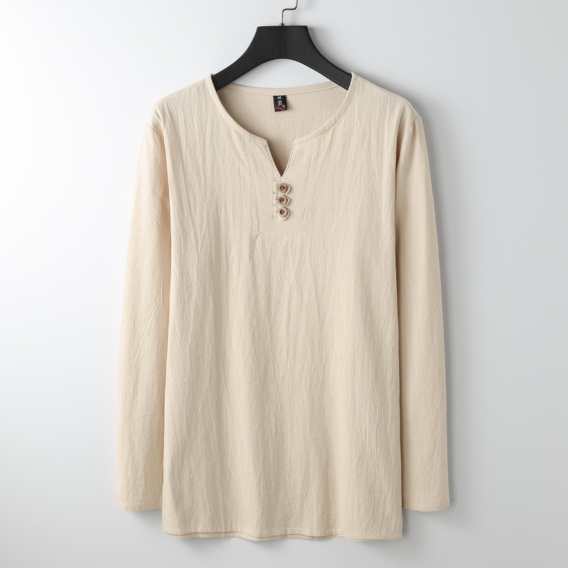 リネン長袖TシャツメンズVネック夏ゆったり薄手復活中国風紳士服綿麻文学メンズTシャツ|undefined