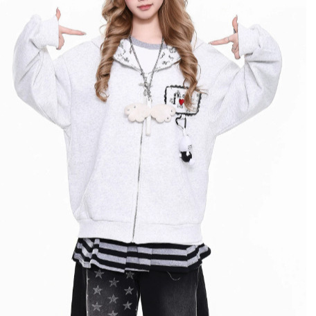 Cute and Adorable Cat Patchwork Contrast Color Embroidered Hooded Sweatshirt Jacket for Women, Versatile Baseball Jacket for Spring and Autumn Cute and Adorable Cat Patchwork Contrast Color Embroidered Hooded Sweatshirt Jacket for Women, Versatile Baseball Jacket for Spring and Autumn