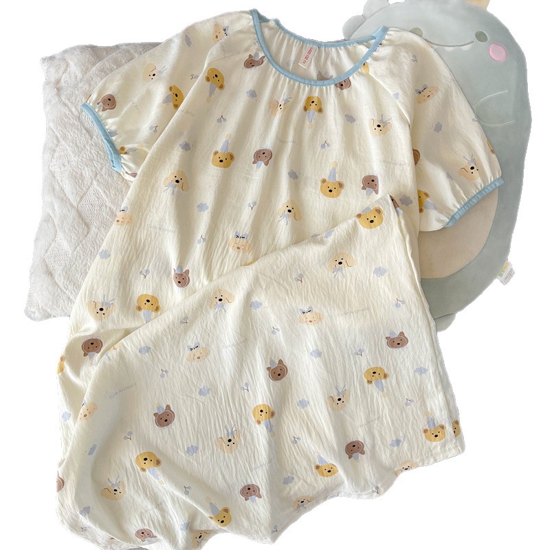 Camisón de gasa de algodón puro pijamas de manga corta para mujer falda larga de verano lindo cachorro niña estudiante ropa de hogar ropa exterior de verano