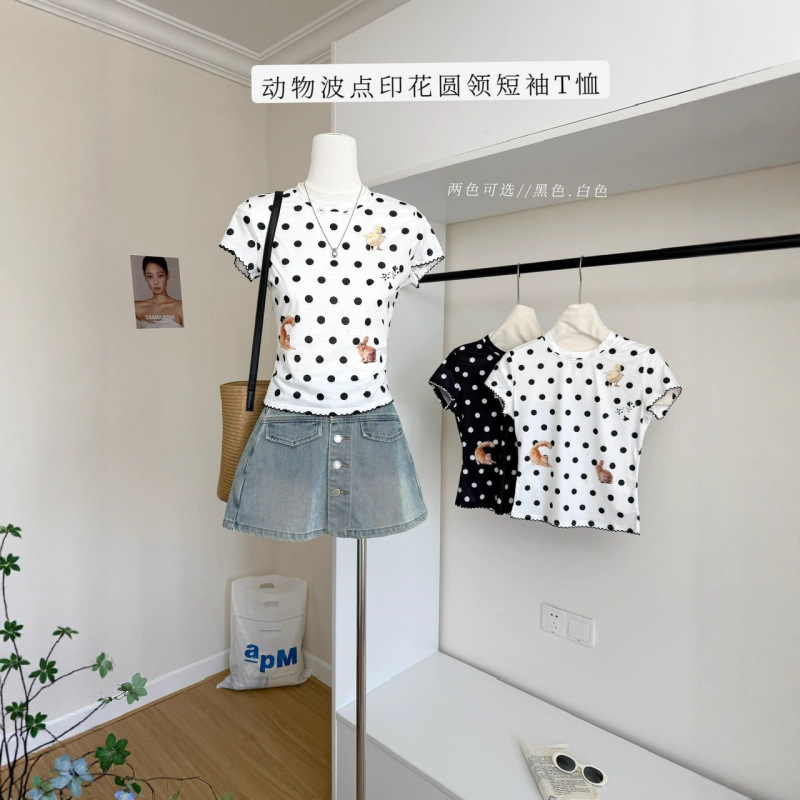1JINN STUDIO 动物波点印花圆领短袖T恤女正肩紧身高弹显瘦上衣|undefined