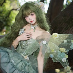 グリーンlolitaかつらレディースロングヘアcos超ロングウール巻きロングカール森系かつらナチュラルオールカバー