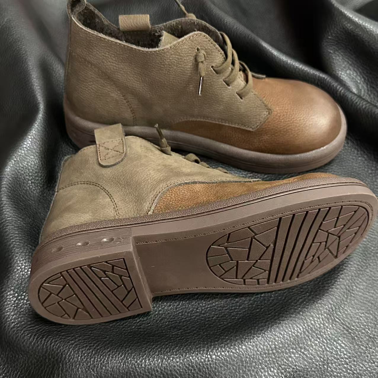 ShoeVault First Layer Rindsleder Martin Retro Casual Kurze Slip-On Stiefel aus echtem Leder und Baumwoll-Leinen für Damen, Herbstneuheit_voghion.com