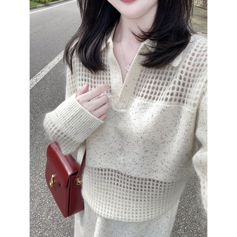 时尚气质v领镂空针织上衣半身裙两件套女轻奢高级感洋气减龄套装|undefined