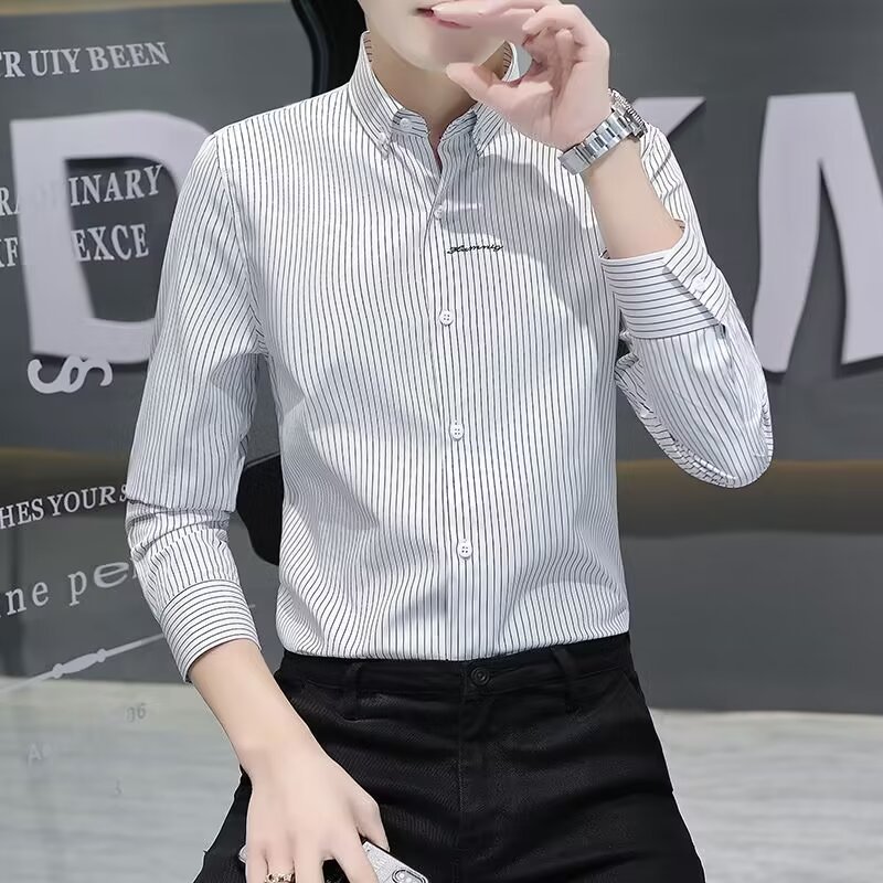 跨境四季长袖衬衫男士高级感春装上衣休闲帅气男装白衬衣服衬衣