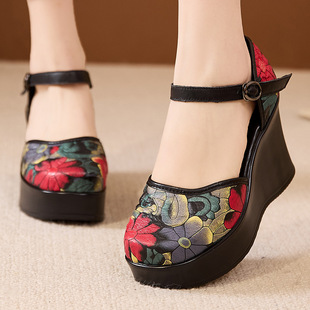 Concubine Beauty Genuine Leather Ethnic Style Printed Super High Heeled Pastoral Style Thick Bottom Retro College Style Fashionable Buckle Sandals