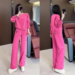 赤いカジュアルスポーツスーツの女性春と秋の新型広場ダンス服の高級感のあるガードルのワイドパンツの2つのセット