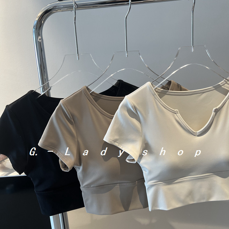 Summer 2023 New V-neck Slim-fit Short T-shirt Women's Exposed Umbilical Cord Chest Mat Yoga Clothes Short-sleeved Fitness Sports Top