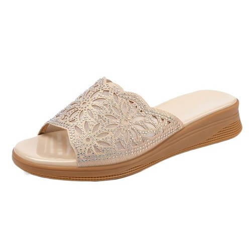 Soft leather hollow rhinestone sandals for women's outer wear summer new middle-aged and elderly fashion thick-soled casual shoes flip-flops