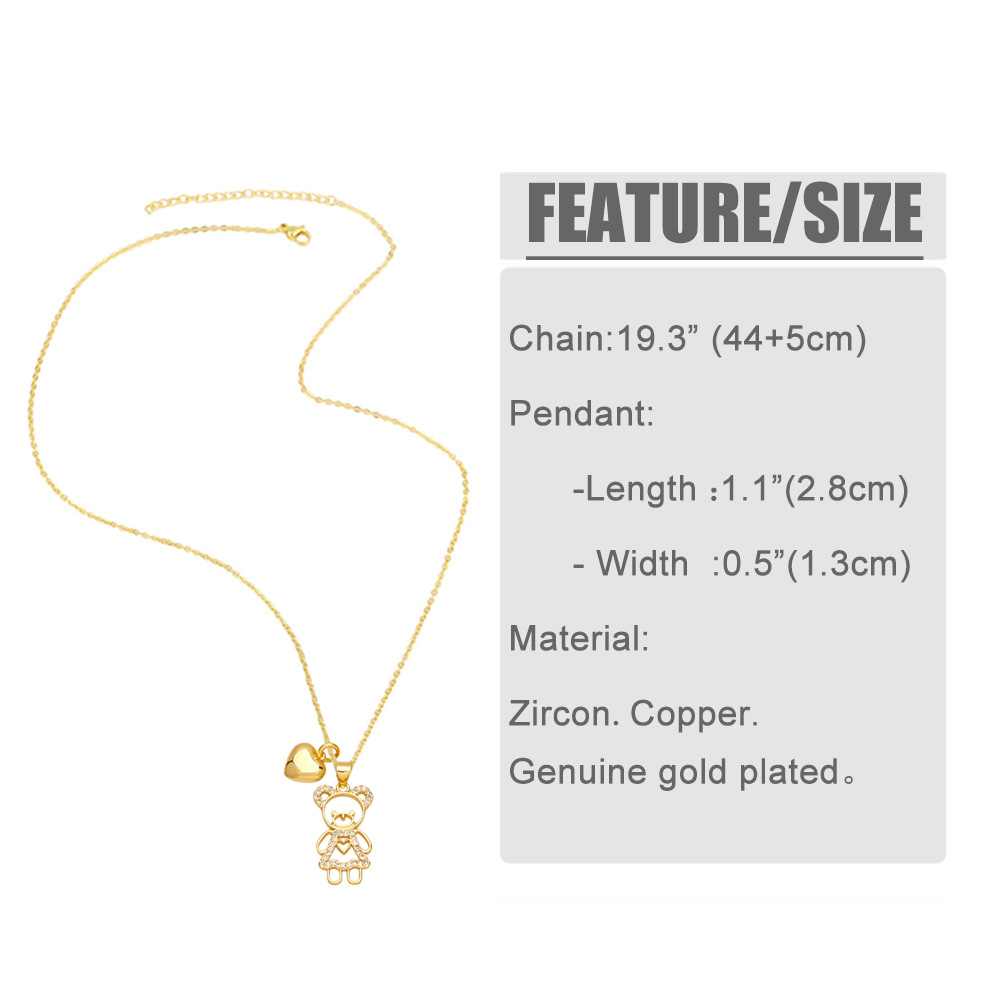fashion double pendant copper necklace heart shape bear collarbone chain