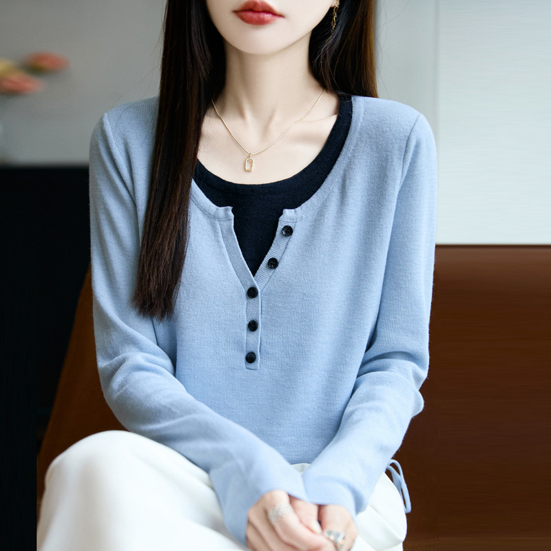 精纺羊毛针织打底衫女式圆领套头上衣早秋新款假两件设计风撞色衫|undefined