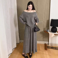 法式一字肩针织套装女2025秋冬镂空钉珠毛衣＋半身长裙气质慵懒风