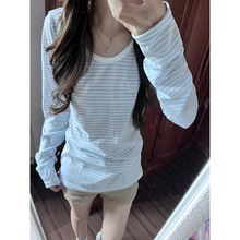 韩系薄款v领蓝白条纹长袖T恤女早秋宽松休闲百搭防晒罩衫打底上衣