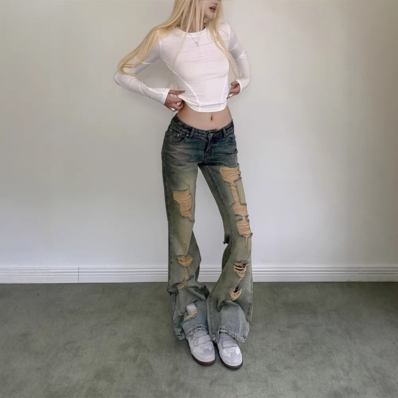Plus-Size American Retro Distressed Ripped Jeans for Women, New Summer Style, Slim Fit, Low-Waist, Fashionable Flared Pants Plus-Size American Retro Distressed Ripped Jeans for Women, New Summer Style, Slim Fit, Low-Waist, Fashionable Flared Pants