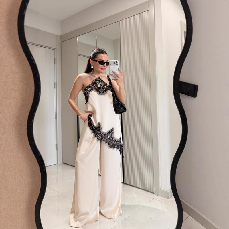2026 Summer New Cross-Border Style Pure Desire Lace Patchwork Irregular Hem Backless Suspender Long Pants Set for Women