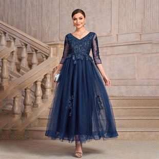 2025 Cross Border Blue V-Neck Gauze Lace Stitching Luxury Wedding Party Dress