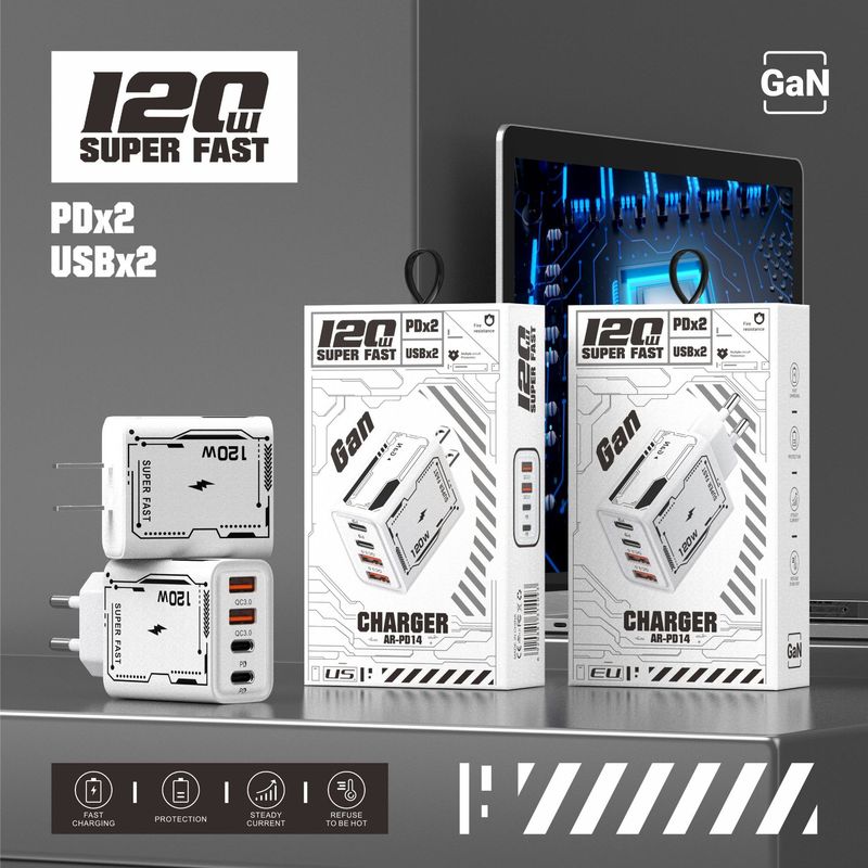 120W Mobile Phone Charger Dual USB + Dual Type-C European and American Uk Standard Pd Fast Charging Adapter, a Top Choice for European and American Travel