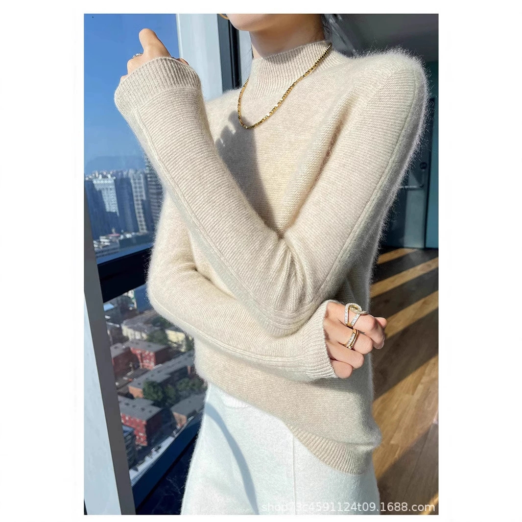 24 осень и зима новый 100 чистый шерстяной свитер женский полувысокий воротник свободный дикий свитер шерстяной вязаный нижний свитер