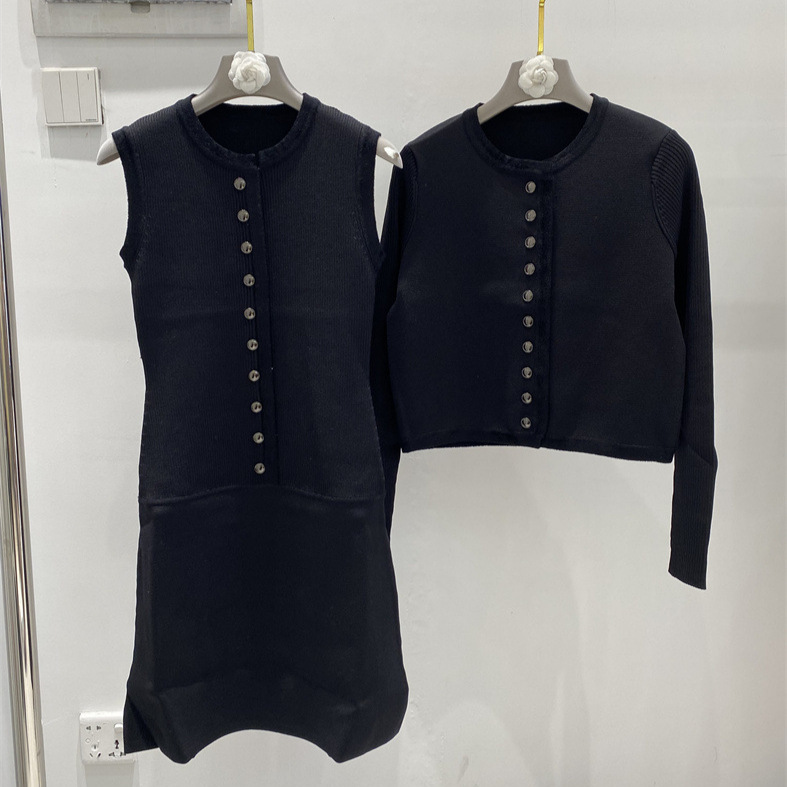 Simple and Stylish New Button-Decorated Cardigan Jacket + Sleeveless Buttoned Vest Dress Two-Piece Set for Women 2025 Autumn Simple and Stylish New Button-Decorated Cardigan Jacket + Sleeveless Buttoned Vest Dress Two-Piece Set for Women 2025 Autumn