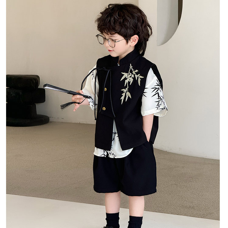 Одинарный черный жилет с вышивкой в виде листьев бамбука