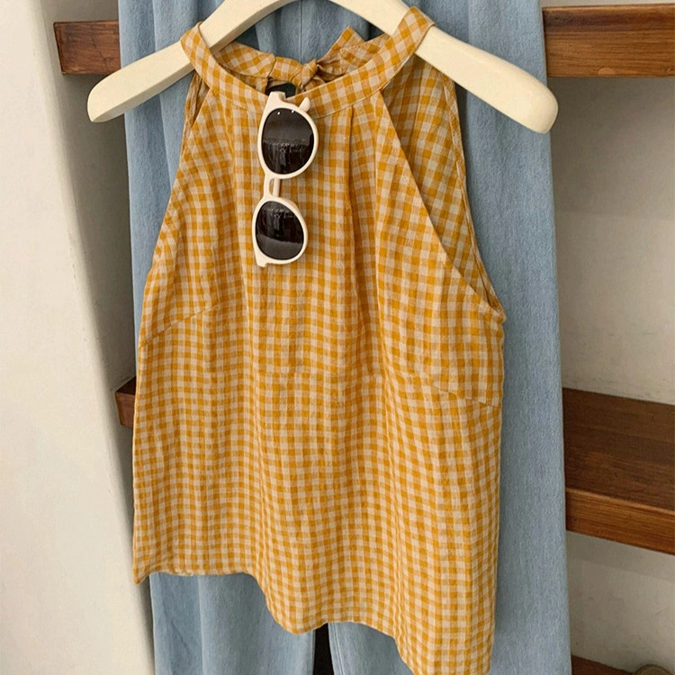 Без рукавов клетчатая рубашка с подтяжками жилет женская летняя одежда дизайн ниша свободный сладкий дикий топ