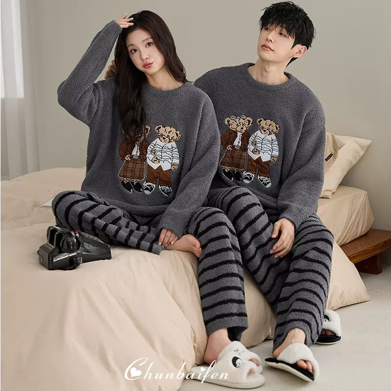 半边绒情侣睡衣男女款秋冬季加绒加厚保暖情侣款家居服套装可外穿