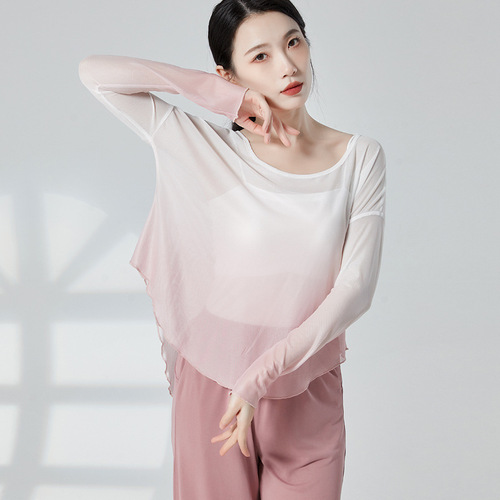 Gradient mesh top, off-shoulder long-sleeved modern dance practice clothing, female performance outfit, adult classical dance gauze clothing