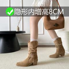 内增高版本~粗跟西部牛仔短靴女2025秋冬新款高跟鞋子显瘦马丁靴
