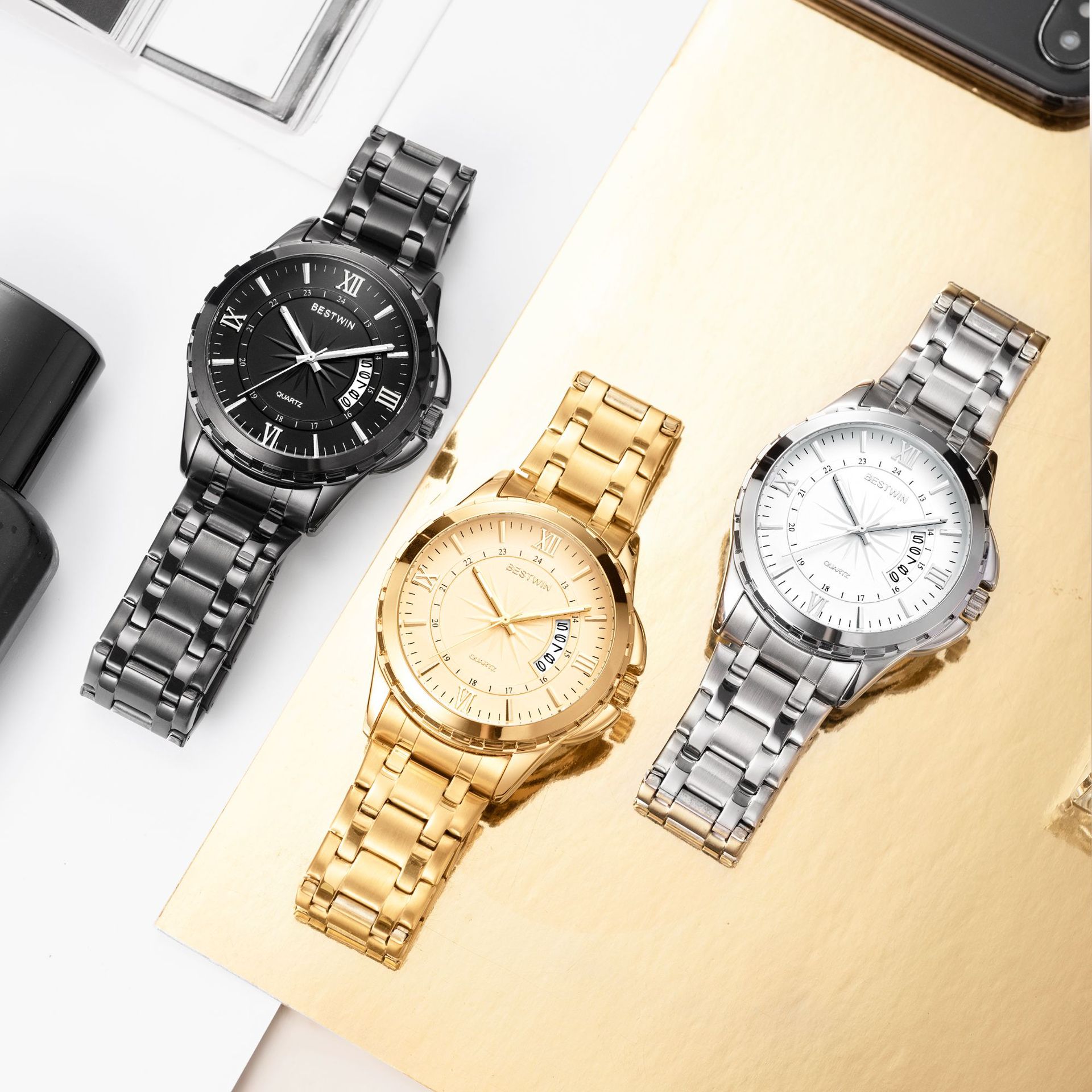 Nuevo calendario de comercio exterior reloj para hombre plato giratorio atmosférico Golden Boss BESTWIN reloj de cuarzo impermeable transfronterizo 129