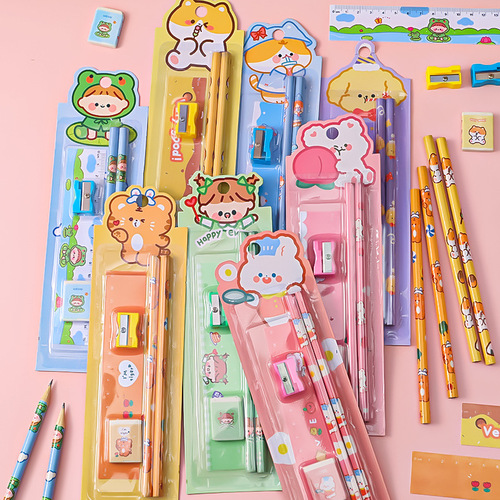 Cartoon Stationery Set Children's Cute Pencil 5-piece Set Holiday Gift Kindergarten Prizes Wholesale School Supplies