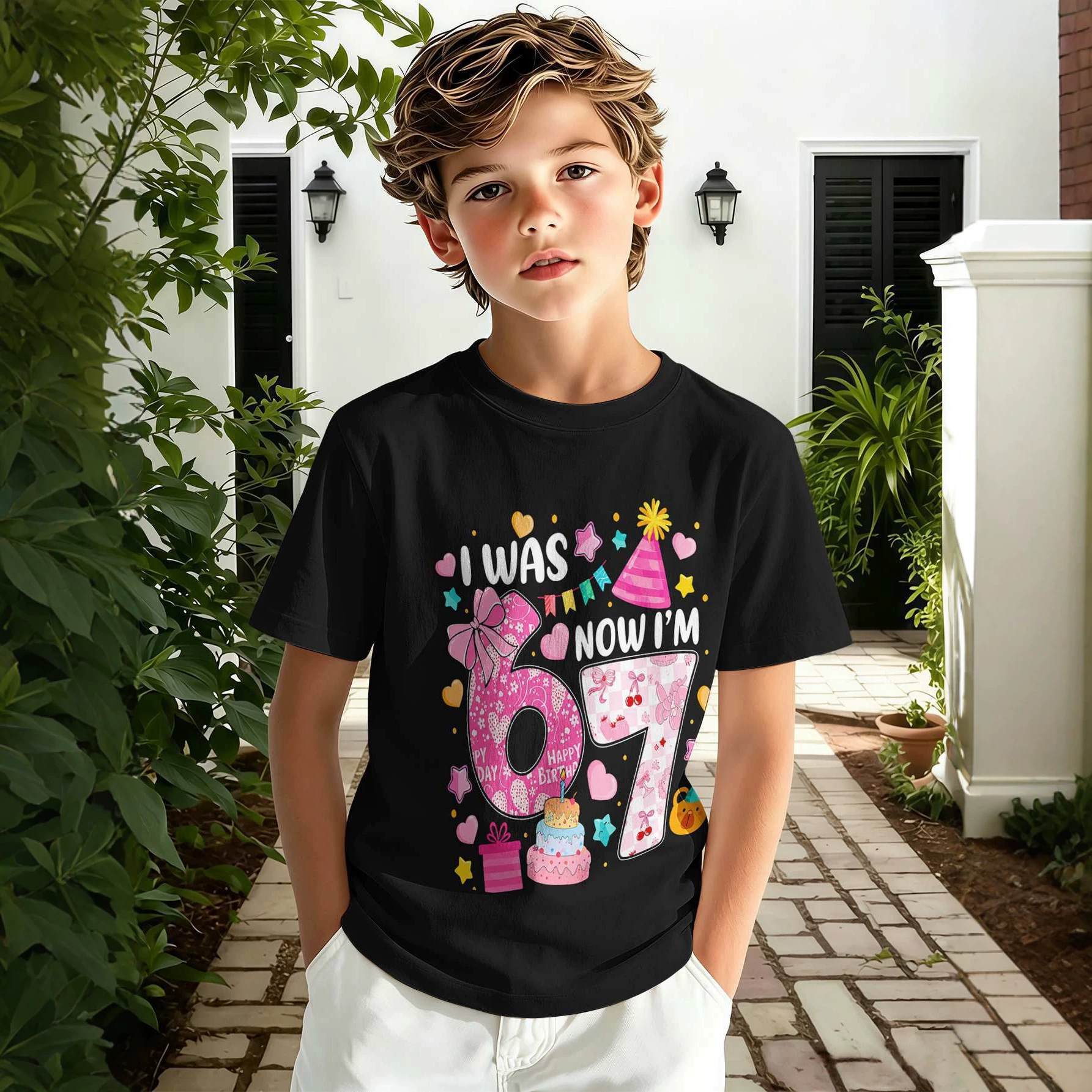 T-shirt court pour garçon avec impression texte 3D, haut d'été rose décontracté à col rond pour enfants plus âgés,_voghion.com