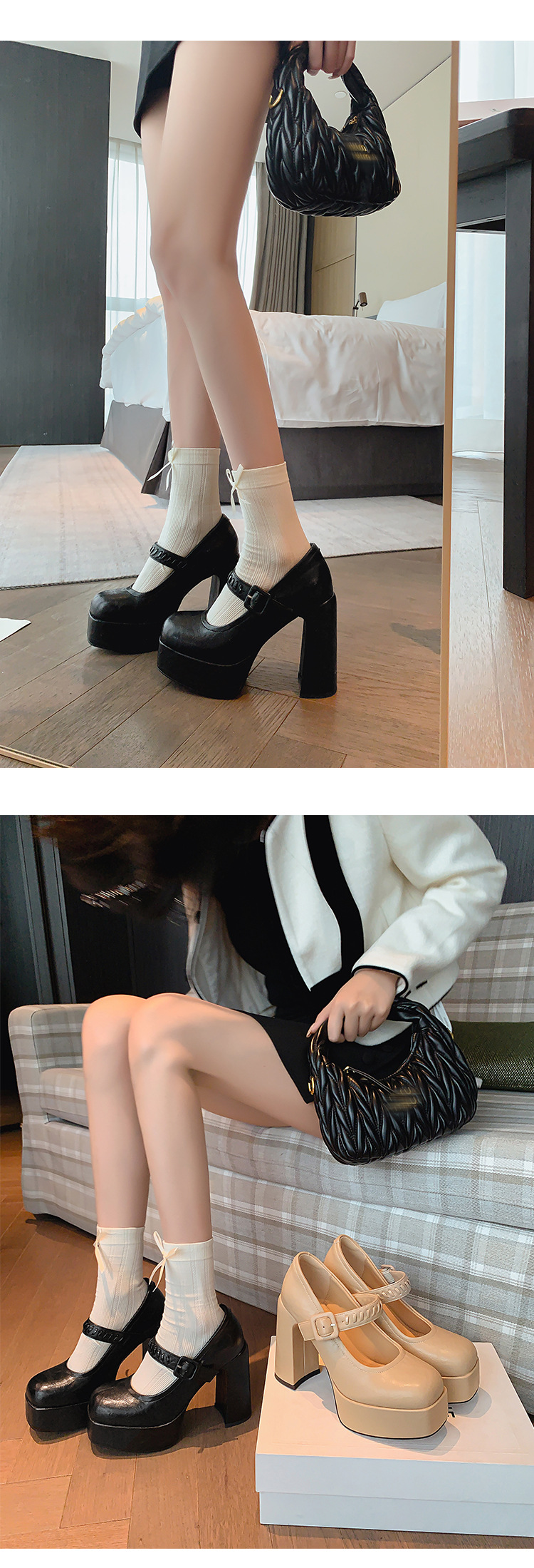 Giày cao gót Mary Jane nữ đế xuồng platform gót 12 cm, quai ngang khóa, mũi nhọn — màu đen, màu mơ chi tiết 12