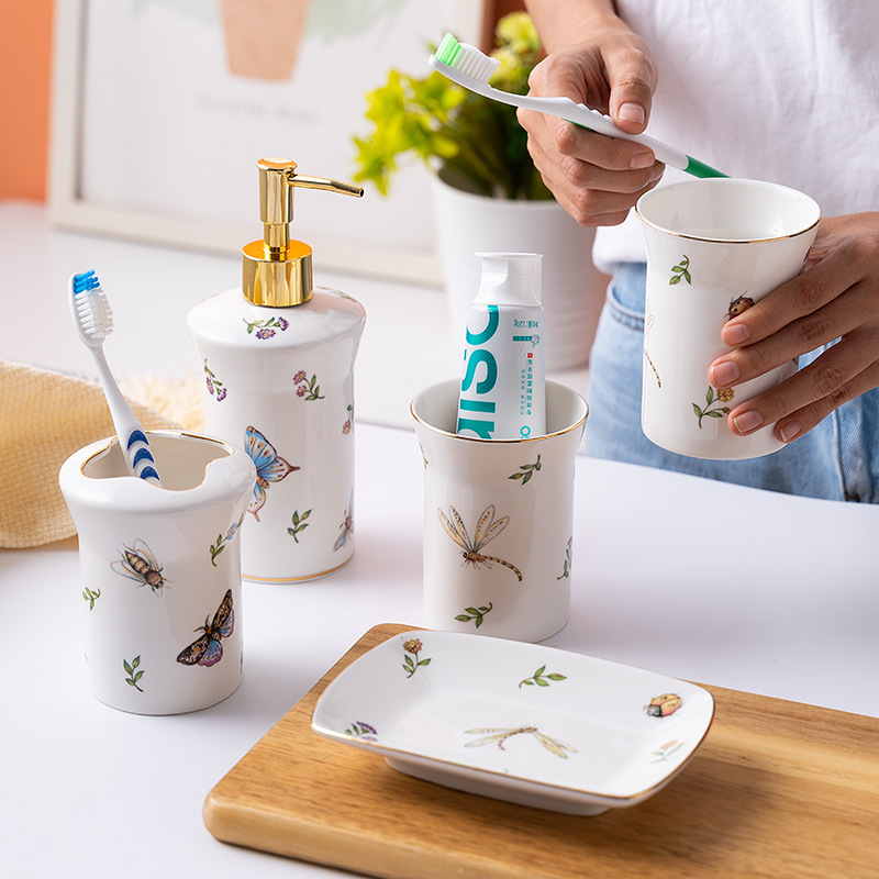 Bathroom set of five pieces Cross-border ceramic hotel mouthwash cups, household couple toothbrush mouthwash cup set logo