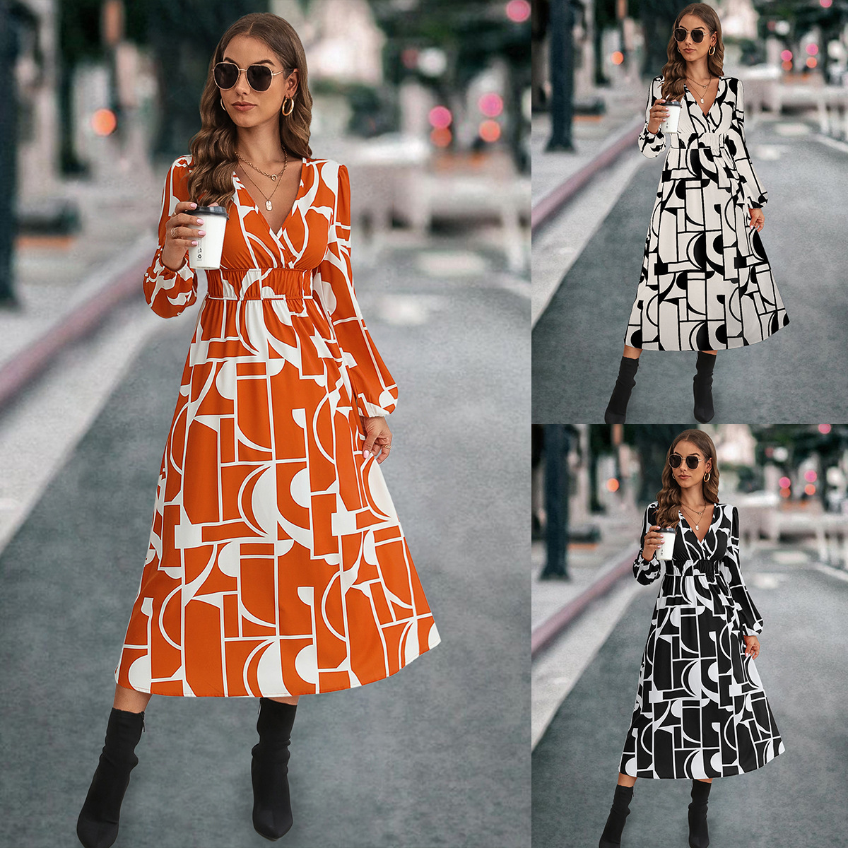 Robe imprimée à manches longues et col en V pour femmes, la plus vendue_voghion.com