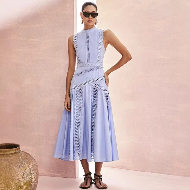 2025 spring European and American holiday style round neck sleeveless irregular lace stitching fashion temperament dress dress