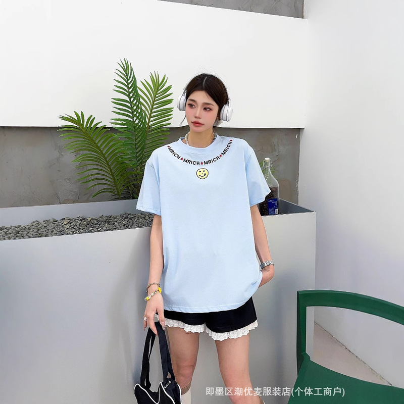 In-Stock Independent Trendy Brand 2025 Summer Full Letter Smiley Face Embroidery Korean Style Loose Simple Fashion Couple Short-Sleeve T-Shirt