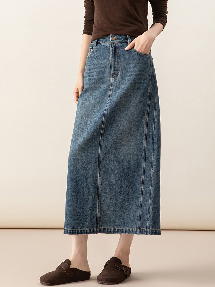 Chân váy denim Lyocell nữ cạp cao dáng A xẻ tà dài trung bình — màu xanh