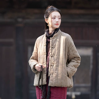 26冬棉麻女装新品中式复古夹棉绗缝短款棉服女式禅意加厚亚麻棉衣