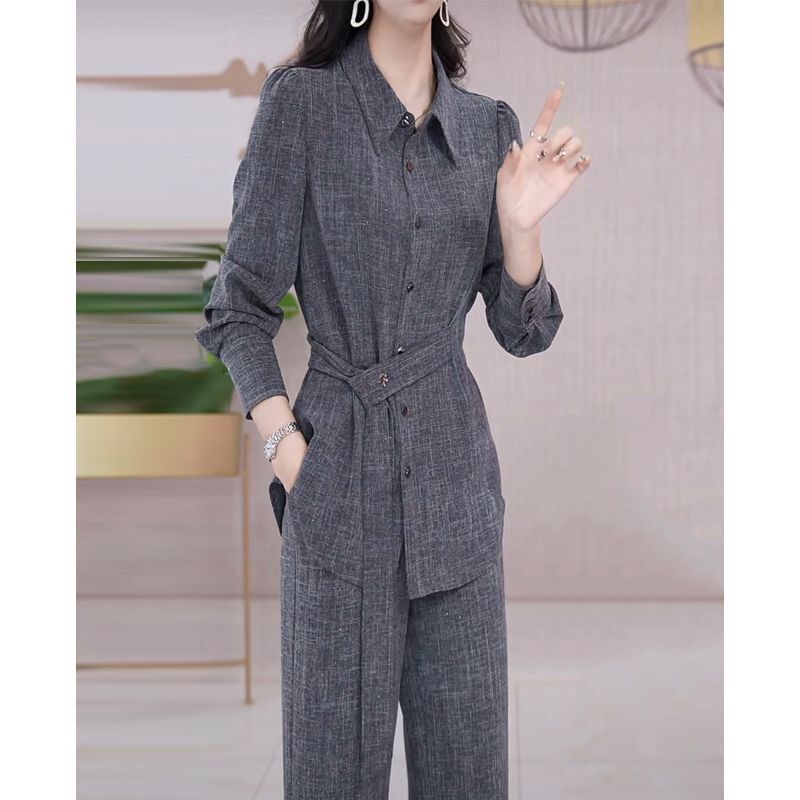 高端时尚气质套装女2025春秋新款韩版显瘦长袖上衣阔腿裤两件套潮|undefined
