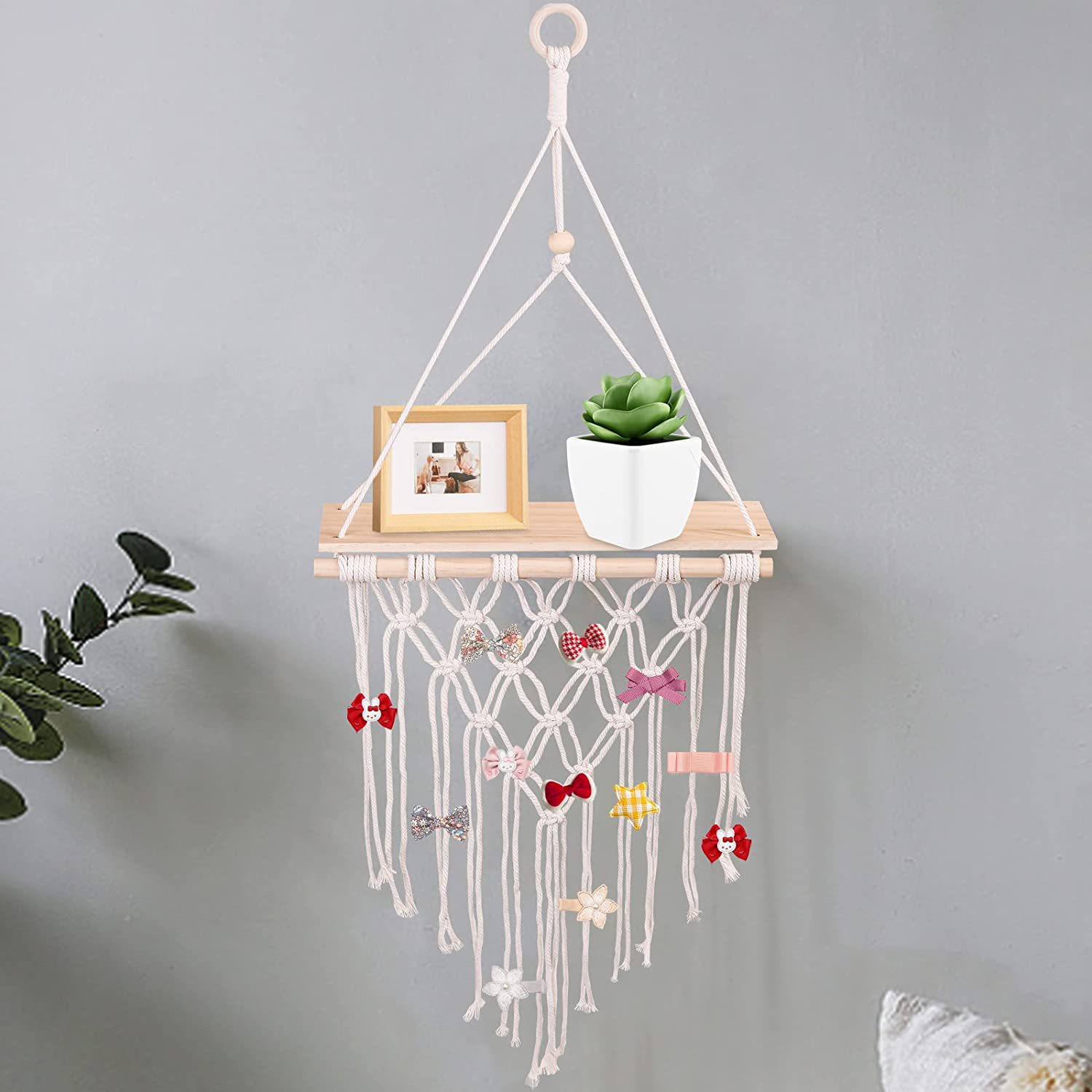 儿童木棍发夹发饰收纳棉线编织置物架挂件木环流苏儿童房木架