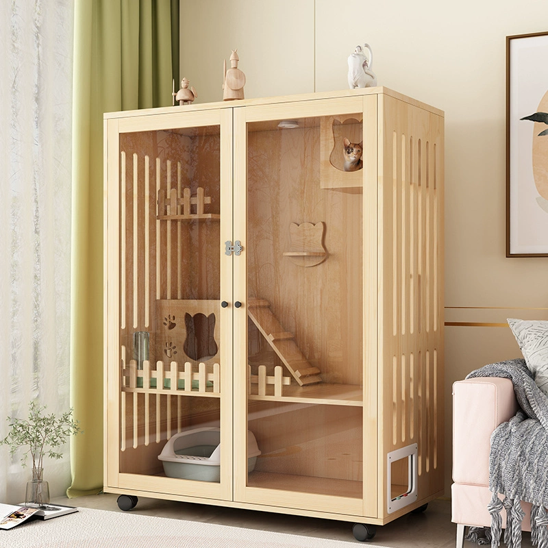 Кошачья вилла из массива дерева Кошка клетка для домашнего использования Большое свободное пространство Кошачий домик Кошачий домик Кошачий шкаф интерьер с туалетом