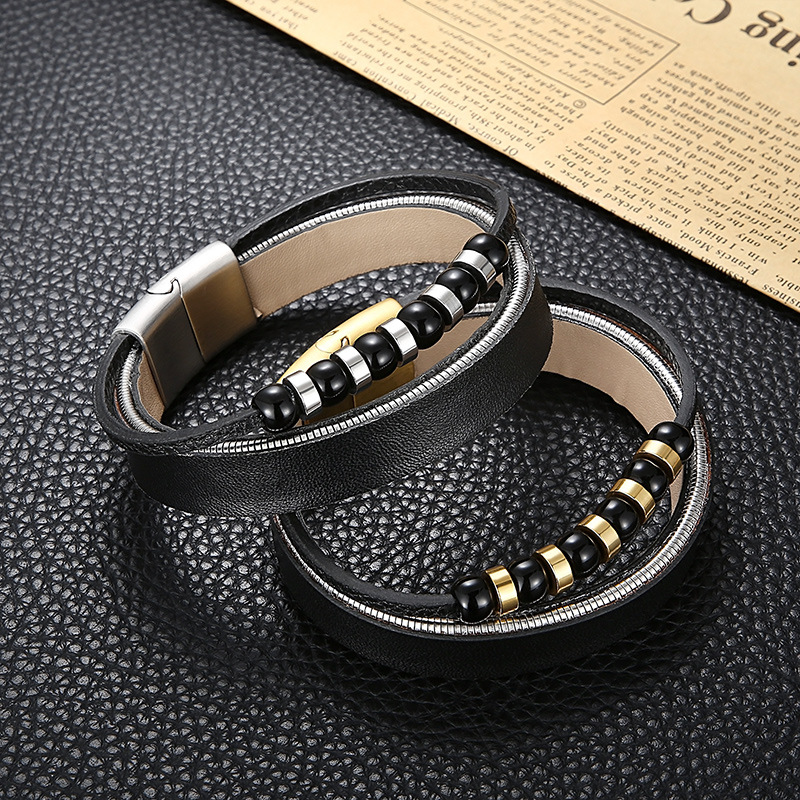 Retro Geometric Stainless Steel Cowhide Beaded Plating 18K Gold Plated Men's Bracelets display picture 5