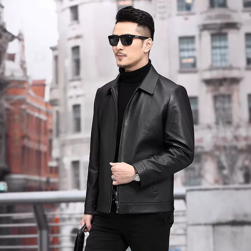 新款海宁真皮皮衣男式头层牛皮外套修身羽绒服短款翻领皮夹克秋冬